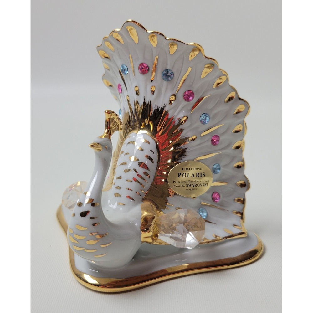 Capodimonte Polaris Porcelain Peacock Figurine Swarovski Crystal Gold Italy‎